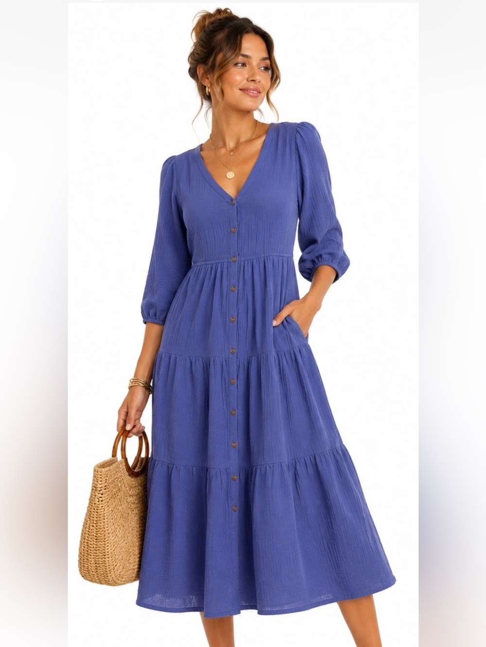 Marine Layer 100% Cotton Gauze Tiered Maxi Dress in Periwinkle Blue Size L